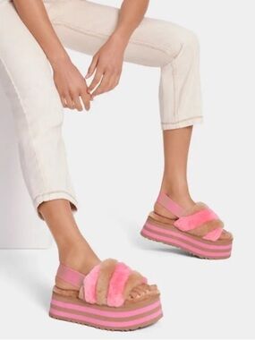NEW! UGG Disco Striped Platform Slides Slippers Chestnut Pink Rose Size 9/10